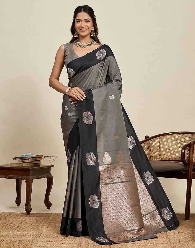 Black zari work silk blend saree with blouse