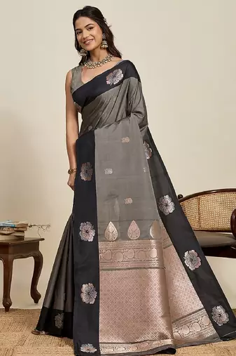 Black zari work silk blend saree with blouse