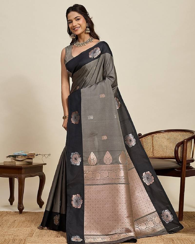 Black zari work silk blend saree with blouse