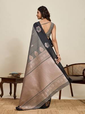 Black zari work silk blend saree with blouse 4