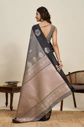 Black zari work silk blend saree with blouse