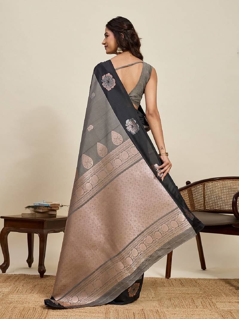Black zari work silk blend saree with blouse
