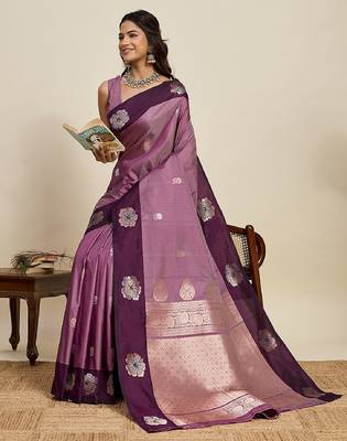Lavender zari work silk blend saree with blouse 1