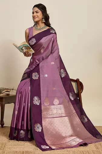 Lavender zari work silk blend saree with blouse