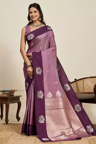 Lavender zari work silk blend saree with blouse