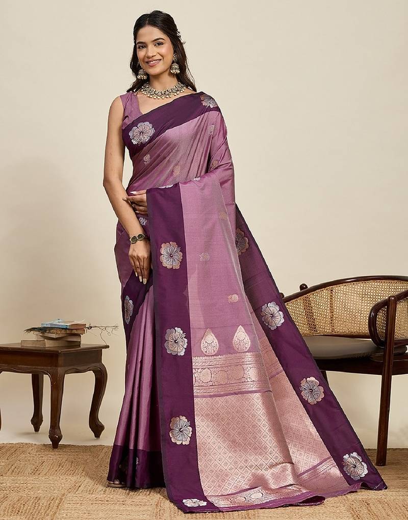 Lavender zari work silk blend saree with blouse