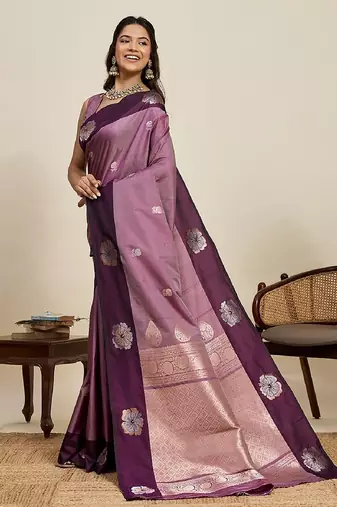 Lavender zari work silk blend saree with blouse