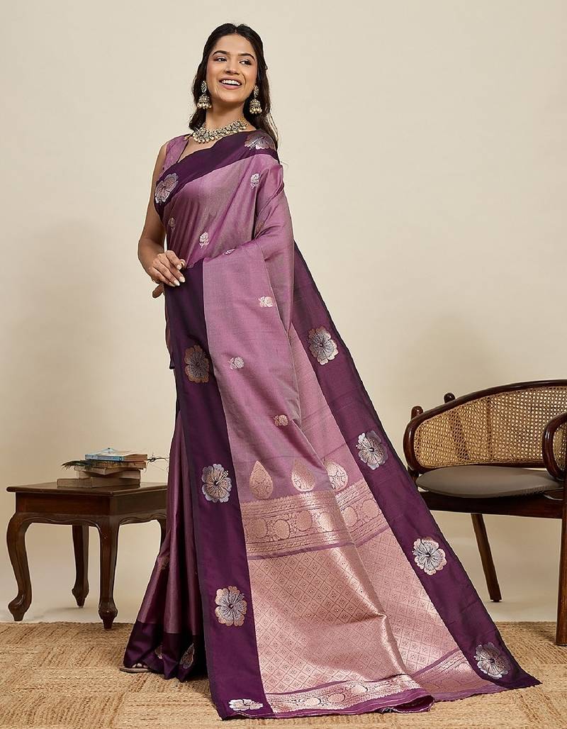 Lavender zari work silk blend saree with blouse