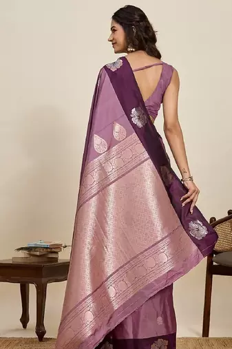 Lavender zari work silk blend saree with blouse