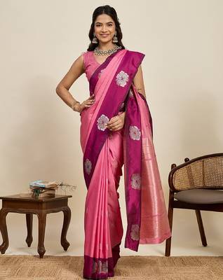 Rani pink zari work silk blend saree with blouse 1