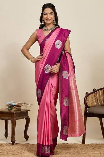Rani pink zari work silk blend saree with blouse