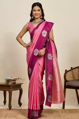 Rani pink zari work silk blend saree with blouse