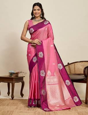 Rani pink zari work silk blend saree with blouse 2