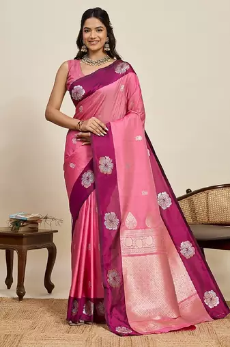 Rani pink zari work silk blend saree with blouse