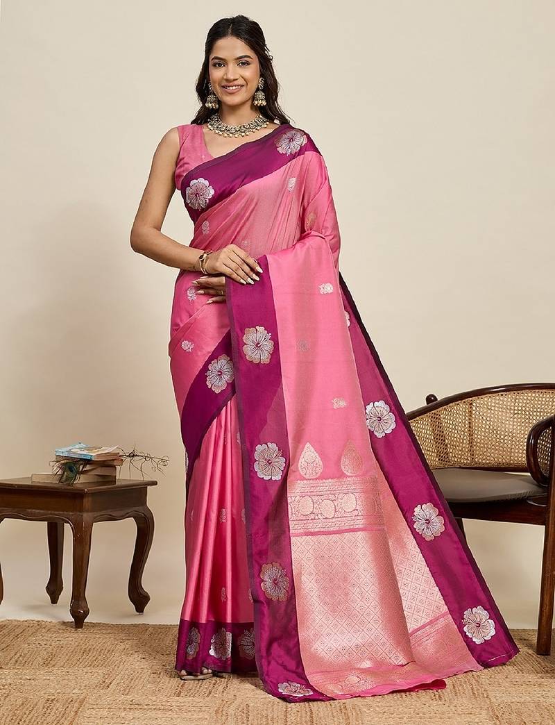 Rani pink zari work silk blend saree with blouse