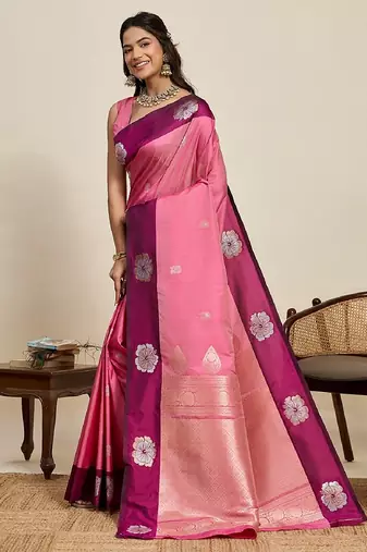 Rani pink zari work silk blend saree with blouse