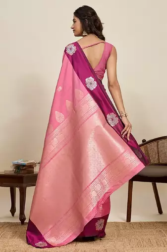 Rani pink zari work silk blend saree with blouse