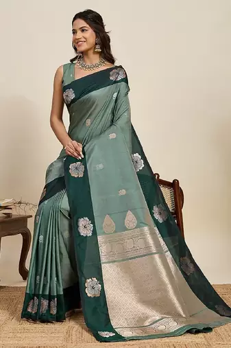 Drak green zari work silk blend saree with blouse