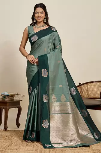 Drak green zari work silk blend saree with blouse