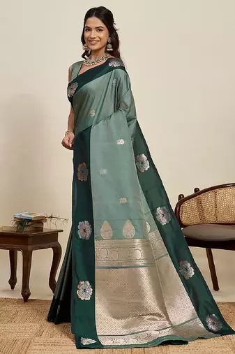 Drak green zari work silk blend saree with blouse