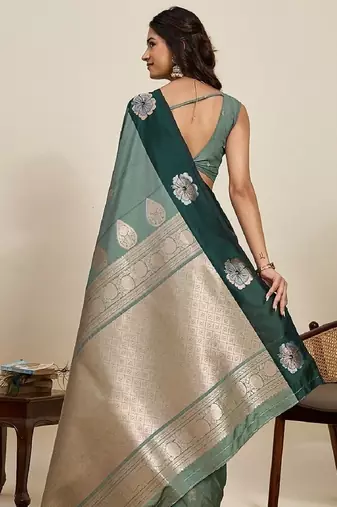 Drak green zari work silk blend saree with blouse