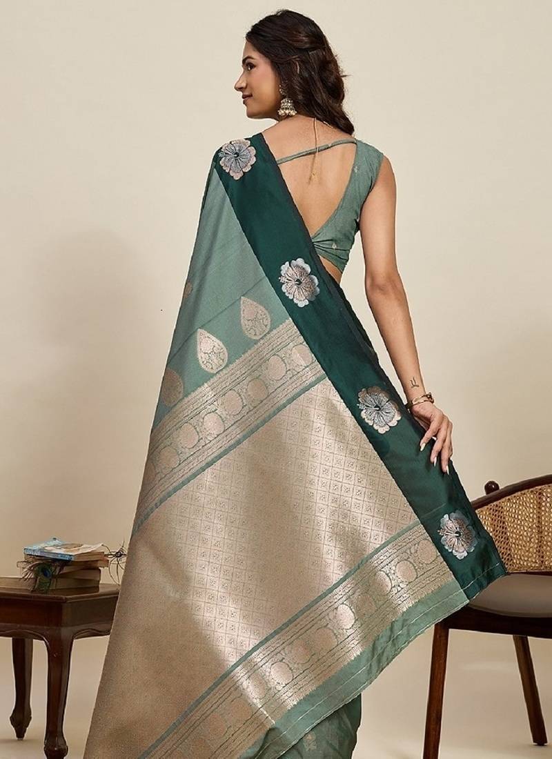 Drak green zari work silk blend saree with blouse