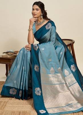 Rama zari work silk blend saree with blouse 1