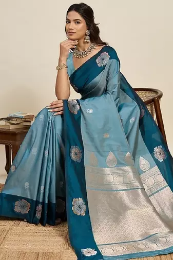 Rama zari work silk blend saree with blouse
