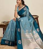 Rama zari work silk blend saree with blouse