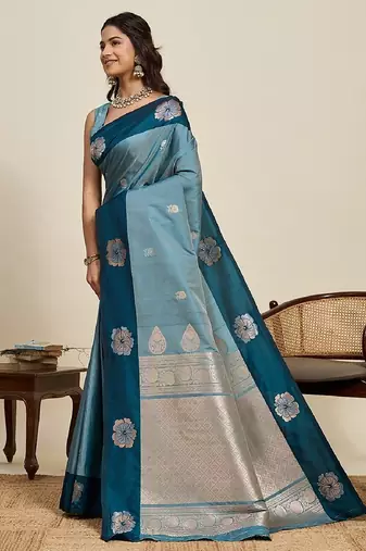 Rama zari work silk blend saree with blouse