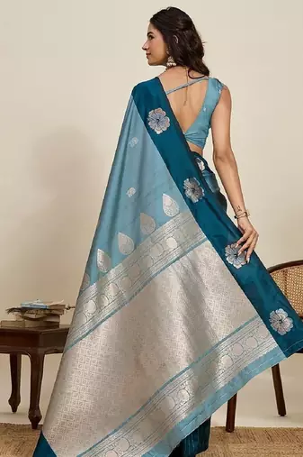 Rama zari work silk blend saree with blouse