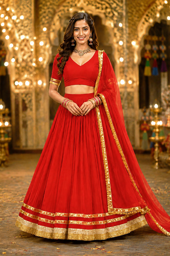 Red georgette lehenga choli with dupatta | navratri garba & dandiya outfit | golden lace ethnic festive wear