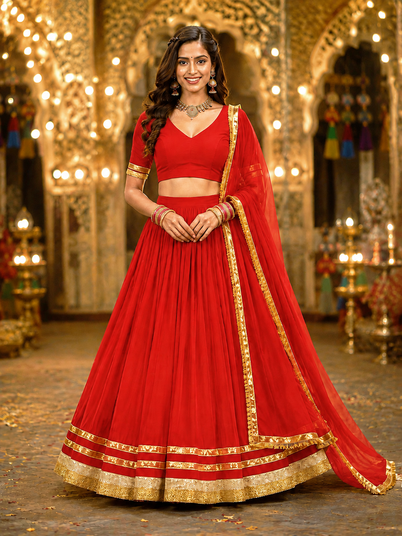Red georgette lehenga choli with dupatta | navratri garba & dandiya outfit | golden lace ethnic festive wear