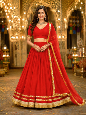 Red georgette lehenga choli with dupatta | navratri garba & dandiya outfit | golden lace ethnic festive wear 1