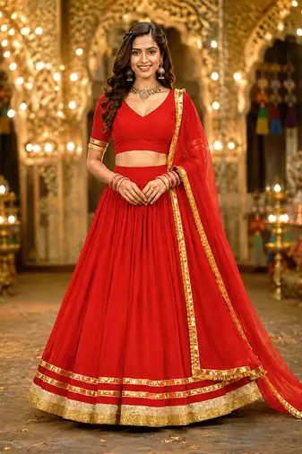 Red georgette lehenga choli with dupatta | navratri garba & dandiya outfit | golden lace ethnic festive wear