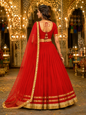 Red georgette lehenga choli with dupatta | navratri garba & dandiya outfit | golden lace ethnic festive wear 2