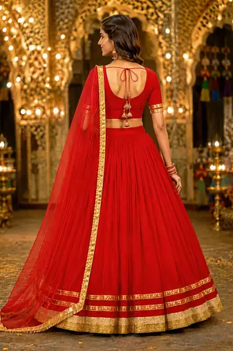 Red georgette lehenga choli with dupatta | navratri garba & dandiya outfit | golden lace ethnic festive wear