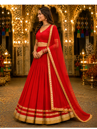 Red georgette lehenga choli with dupatta | navratri garba & dandiya outfit | golden lace ethnic festive wear 3