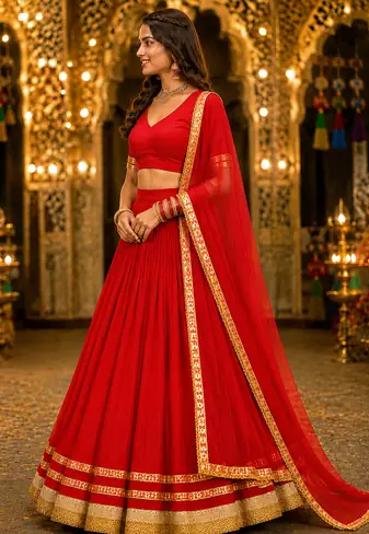 Red georgette lehenga choli with dupatta | navratri garba & dandiya outfit | golden lace ethnic festive wear