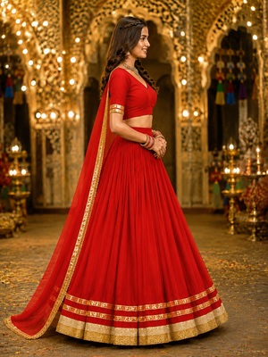 Red georgette lehenga choli with dupatta | navratri garba & dandiya outfit | golden lace ethnic festive wear 4