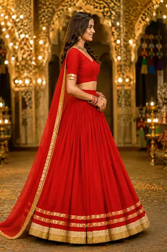 Red georgette lehenga choli with dupatta | navratri garba & dandiya outfit | golden lace ethnic festive wear