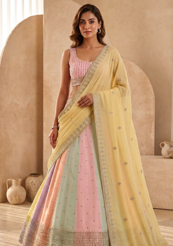 multicolor cording embroidery georgette lehenga set