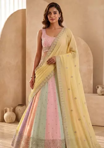 multicolor cording embroidery georgette lehenga set