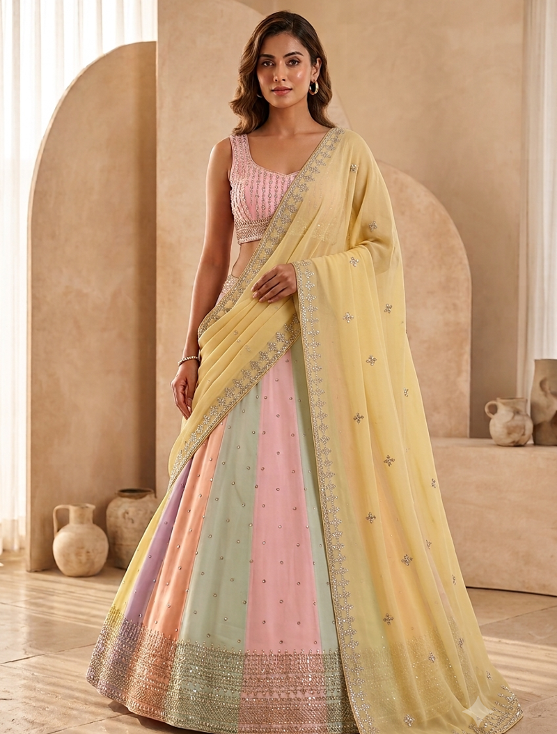 multicolor cording embroidery georgette lehenga set
