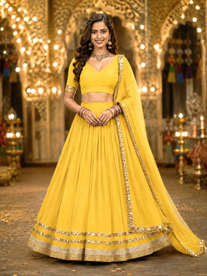 Yellow Georgette Lehenga Choli with Dupatta | Navratri Garba & Dandiya Outfit | Golden Lace Ethnic Festive Wear 1
