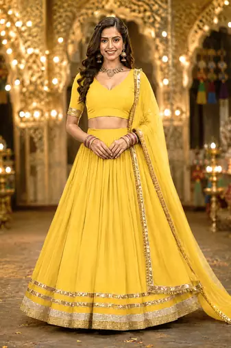 Yellow Georgette Lehenga Choli with Dupatta | Navratri Garba & Dandiya Outfit | Golden Lace Ethnic Festive Wear