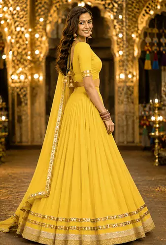 Yellow Georgette Lehenga Choli with Dupatta | Navratri Garba & Dandiya Outfit | Golden Lace Ethnic Festive Wear