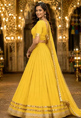 Yellow Georgette Lehenga Choli with Dupatta | Navratri Garba & Dandiya Outfit | Golden Lace Ethnic Festive Wear