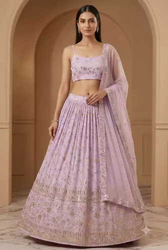 Lavender Embroidered Georgette Lehenga Choli Dupatta