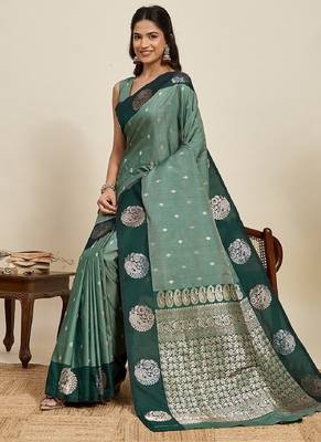 Drak green zari work silk blend saree with blouse 1